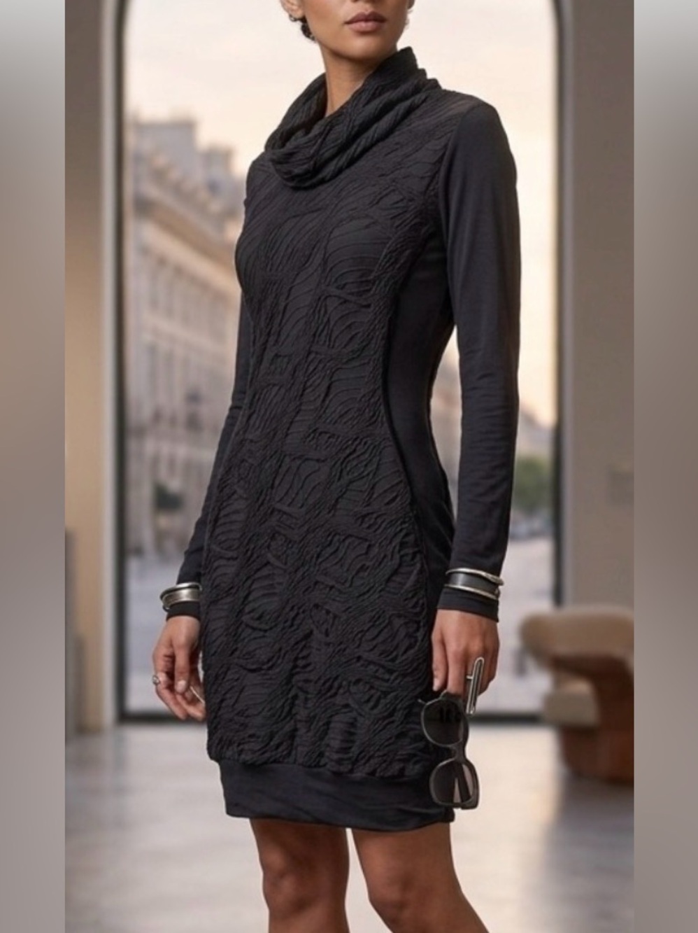 BEATE HEYMANN Street Couture Black Cowl Neck Textured Knit Mini Dress / Tunic